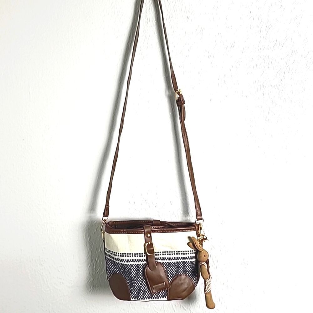 Tricolor Small Crossbody Purse Rabbit Keychain, Brown, Beige & Black Print,NWOT